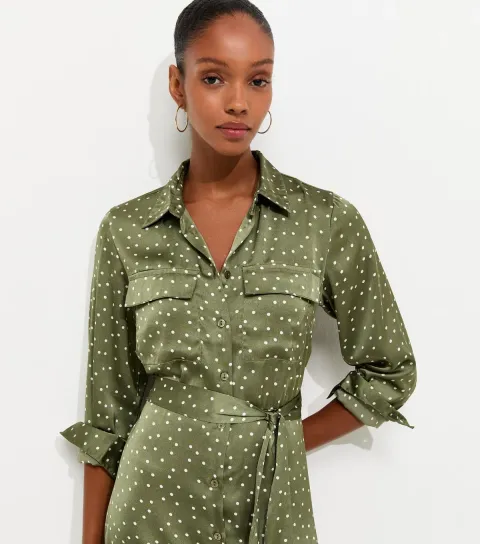 Women's Green Satin Polka Dot Midi Shirt Dress