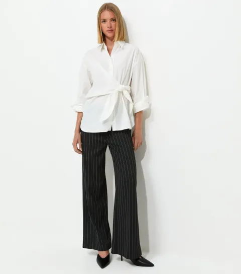 Women's Black Pinstripe Wide Leg Tailored Trousers