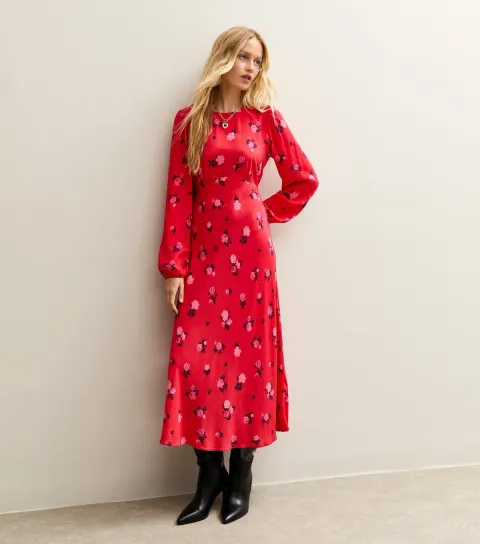 Women's Red Rose Print Midi Dress
