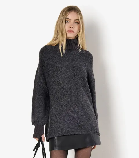 Women's Dark Grey Roll Neck Tunic Jumper