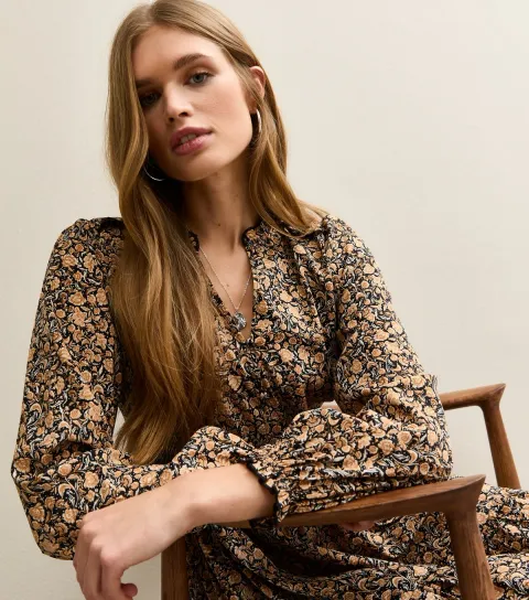 Women's Yellow Floral Long Sleeve Mini Dress