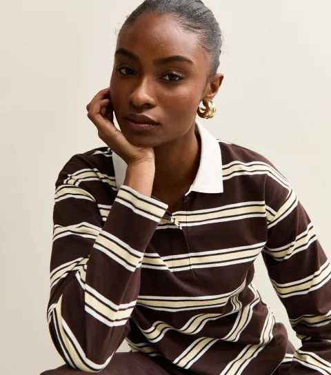 Women's Brown Striped Long Sleeve Rugby Top