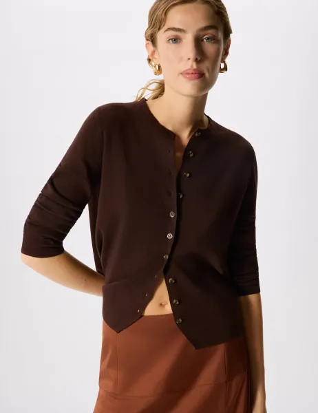 Whistles Cotton Rich Crew Neck Cardigan Chocolate