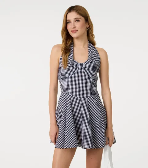 Women's Cotton Black Gingham Halter Mini Dress
