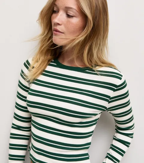 Women's Green Cotton Rich Striped Long Sleeve Baby Tee T-Shirt