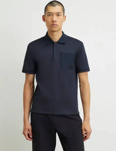 River Island Slim Fit Printed Zip Up Short Sleeve Polo Shirt Navy
