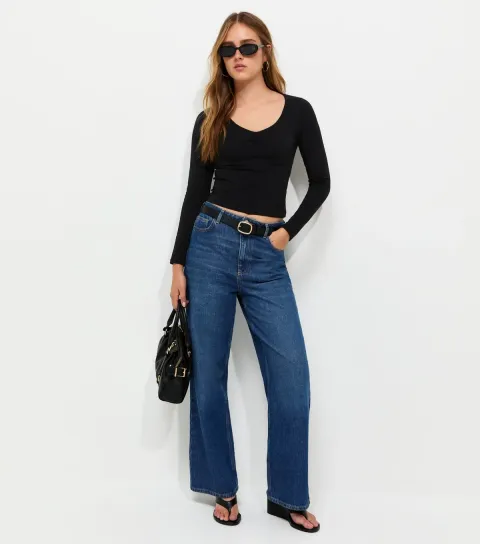 Women's Black Cotton Rich Sweetheart Neck Long Sleeve T-Shirt