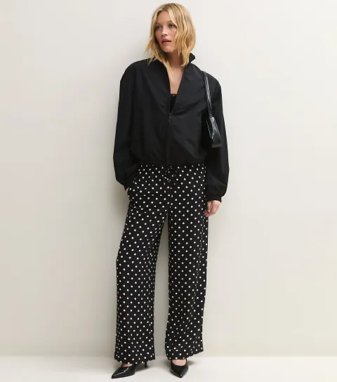 New Look Women's Black Polka Dot Drawstring Wide Leg Trousers