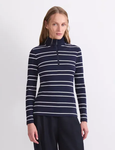 Pure Cotton Striped Funnel Neck Half Zip Top Navy Mix