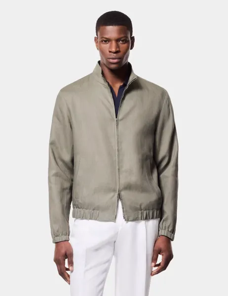 Hawes & Curtis Pure Linen Funnel Neck Zip Up Bomber Jacket Olive