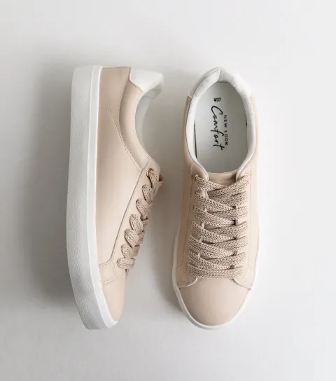 Women's Light Pink Faux Leather Metallic Lace Up Trainers Vegan