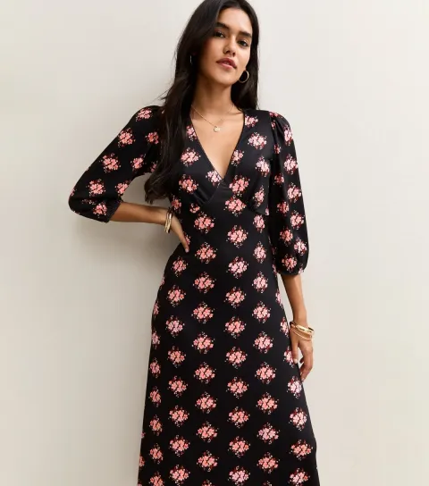 Women's Black Bouquet Print Midi Dress