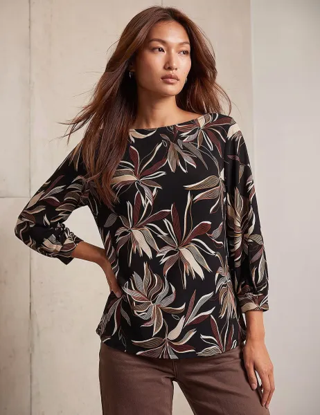 Roman Puff Print Drop Shoulder Top Orange Mix