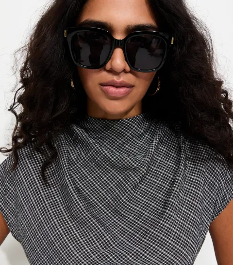 Women's Grey Woven Check Pattern Cowl Neck Cap Sleeve Top
