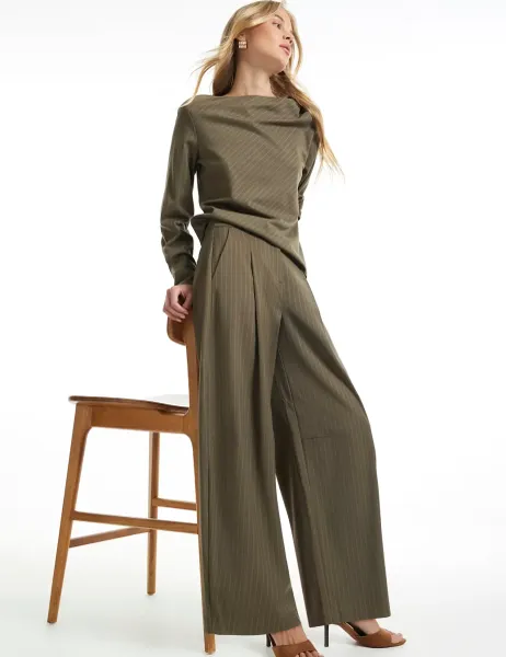 River Island Pinstripe Pleat Front Straight Leg Trousers Khaki Mix