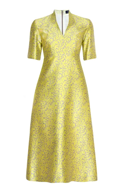 Silk Dress with A-line Skirt in Yellow/Grey Silk Jacquard - Emi