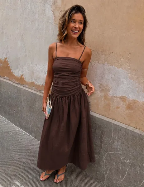 Never Fully Dressed Cotton Rich Bandeau Midaxi Dropped Waist Dress Chocolate