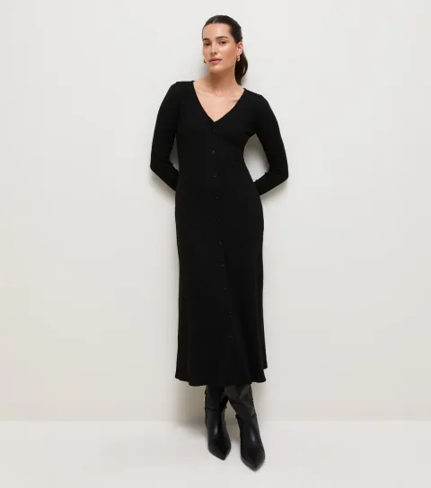 New Look Women's Dark Brown Ribbed Long Sleeve V-Neck Midi Dress