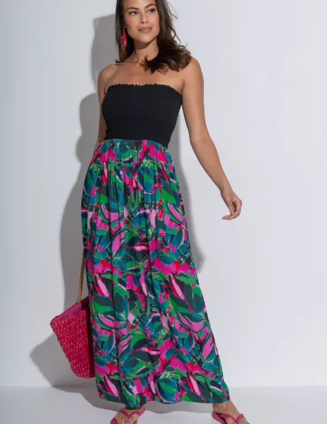 Pour Moi Emma Strapless Shirred Maxi Beach Dress Black Mix
