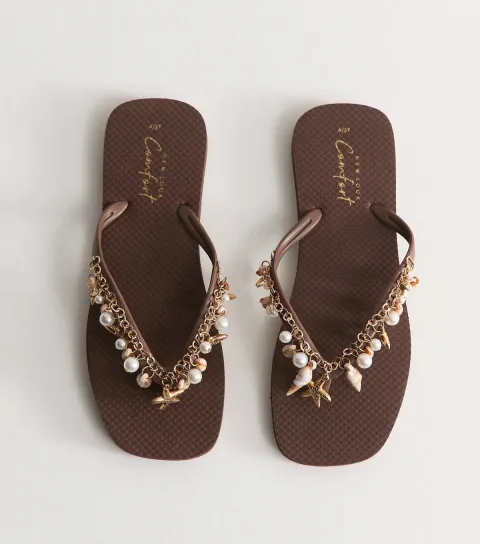 New Look Women's Dark Brown Fishing Charm Flip Flops Vegan