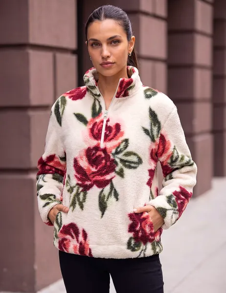 Roman Rose Print Zip Fleece Jacket Ivory