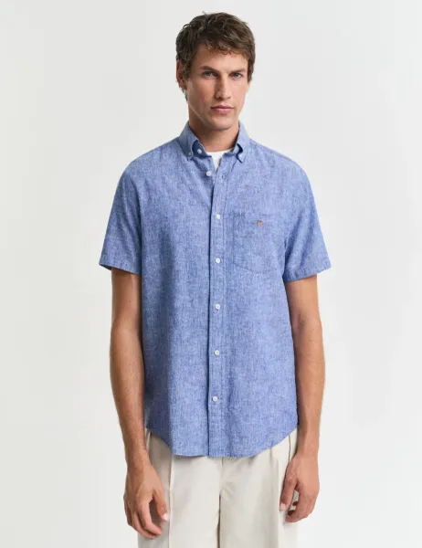 Gant Regular Fit Linen Rich Short Sleeve Shirt Blue