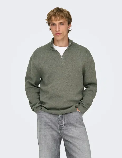 Only & Sons Pure Cotton Half Zip Jumper Grey