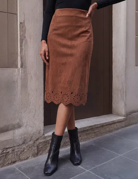 Roman Faux Suede Laser Cut Pencil Skirt Tan