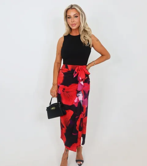 Women's Red Floral Sleeveless Midi Dress