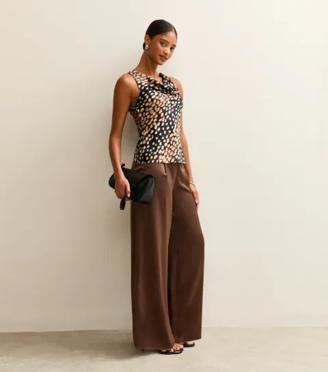 Women's Dark Brown Satin Wide Leg Trousers