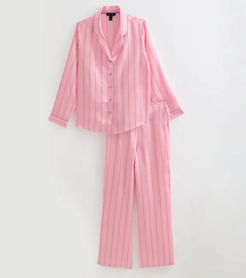 New Look Women's Pink Satin Striped Revere Shirt and Trousers Pyjama Set