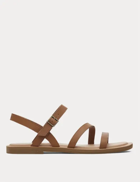 TOMS Leather Strappy Flat Sandals Tan
