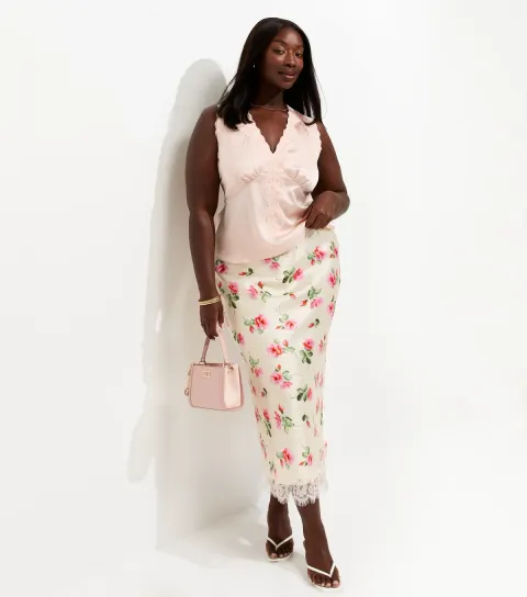 Women's Plus Size White Rose Print Lace Trim Midi Skirt Curves