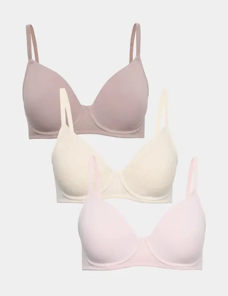 Marks & Spencer 3 Pack Cotton Rich Wired Full Cup Bras A-E Oatmeal Mix