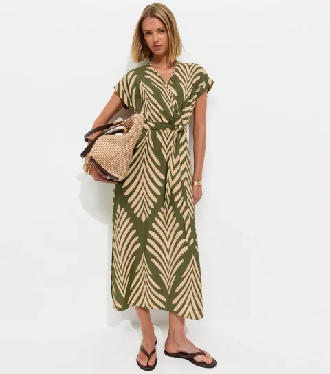 Women's Green Palm Pattern Wrap Midi Dress