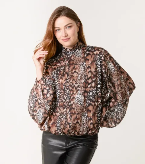 Women's Brown Animal Print Bubble Hem Blouse