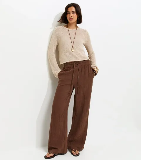 New Look Women's Dark Brown Cotton Textured Drawstring Wide Leg Trousers