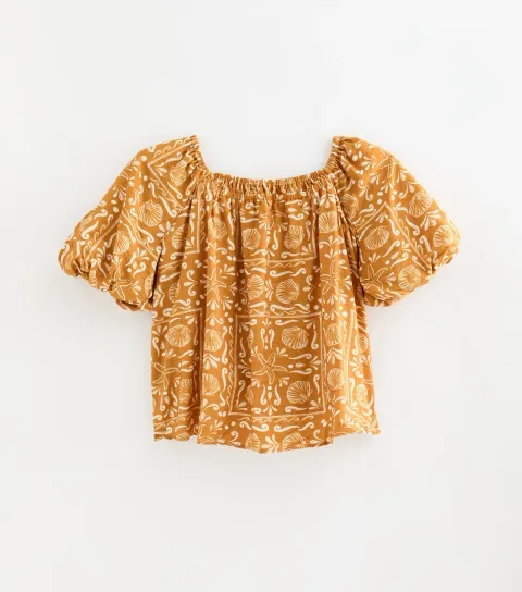 Women's Plus Size Orange Shell Print Puff Sleeve Blouse Curves