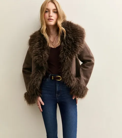 Women's Brown Faux Suede Fur Trimmed Jacket