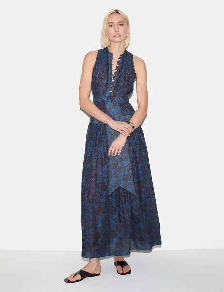 Jigsaw Pure Cotton Floral Notch Neck Midaxi Dress Blue Mix