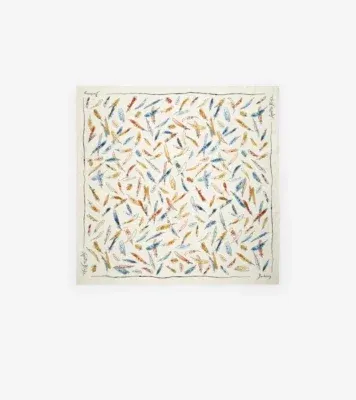 Feather Print Silk Scarf in Ink blue