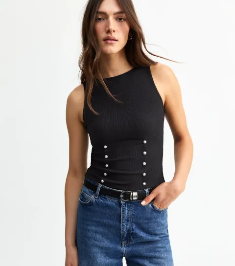 Women's Black Ribbed Stud Detail Vest Top