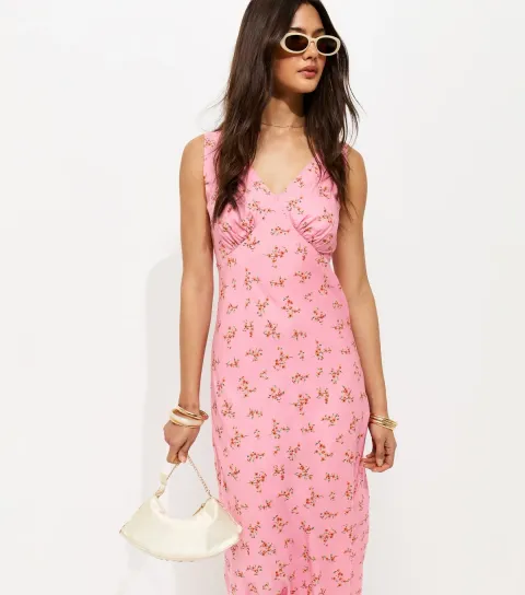 Women's Pink Floral Print V-Neck Bias Cut Midi Dress