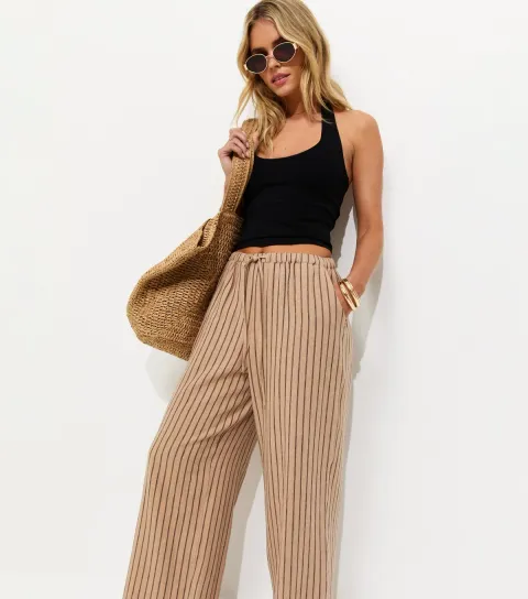 Women's Petite Brown Striped Cotton Wide Leg Trousers