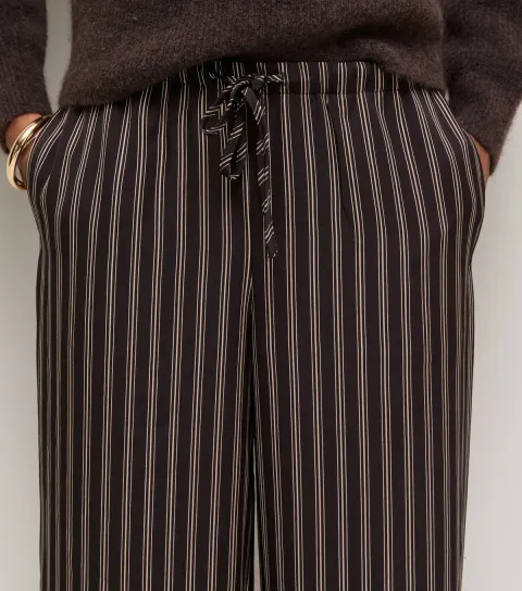 Women's Brown Striped Wide Leg Drawstring Trousers