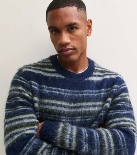 Men's Blue Brushed Knit Striped Long Sleeve Jumper