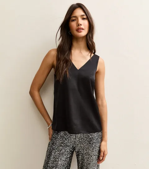 Women's Black Satin V-Neck Top