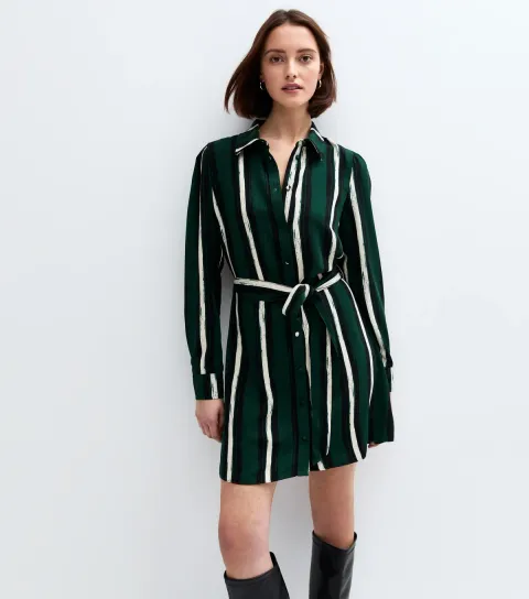 Women's Dark Green Striped Mini Shirt Dress