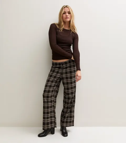 New Look Women's Brown Check Drawstring Wide Leg Trousers