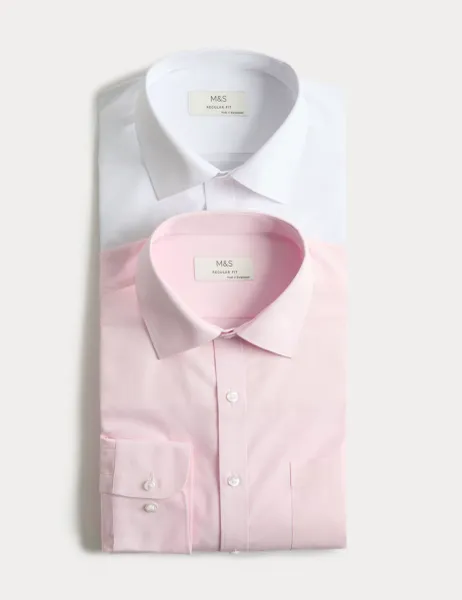 Marks & Spencer 2 Pack Regular Fit Easy Iron Cotton Blend Shirts White Mix